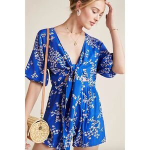 Faithfull The Brand Anthropologie blue floral tie front Sophie romper playsuit